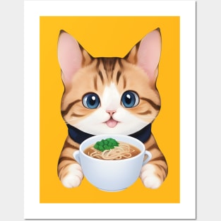 Cute Cat Holding a Cup of Ramen Posters and Art